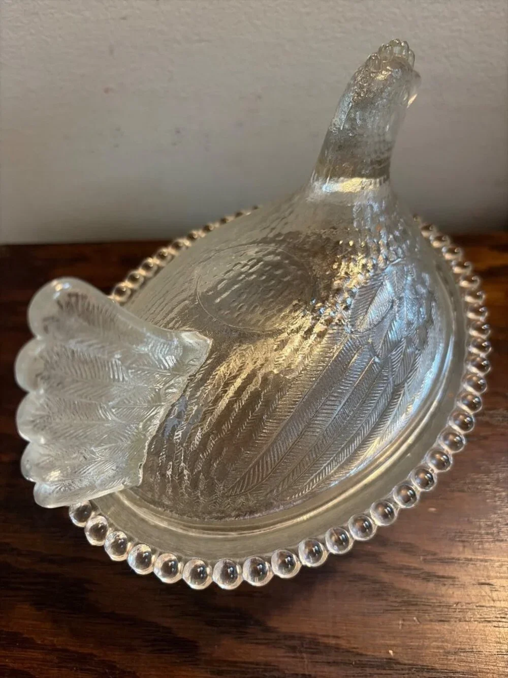 Vintage Indiana Glass Hen On Nest Covered Dish Beaded Edge - Decorative Clear